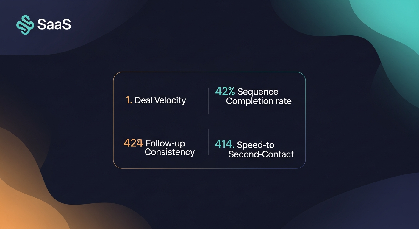 simple graphic showing four metrics: deal velocity, sequence completion rate, follow-up consistency, speed-to-second-contact, styled as a 2x2 scorecard