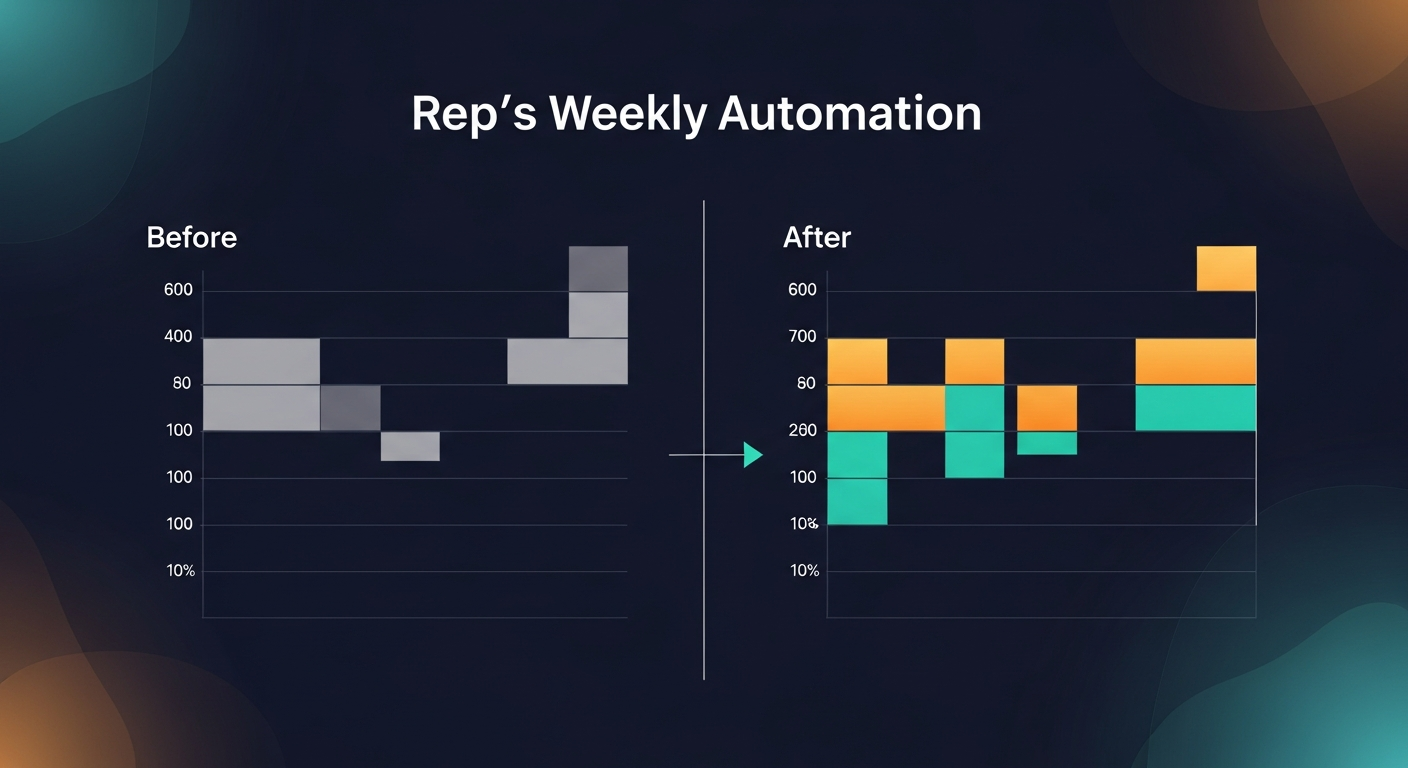A side-by-side showing a rep's weekly schedule before and after automation — highlighting where manual admin time is replaced with selling time