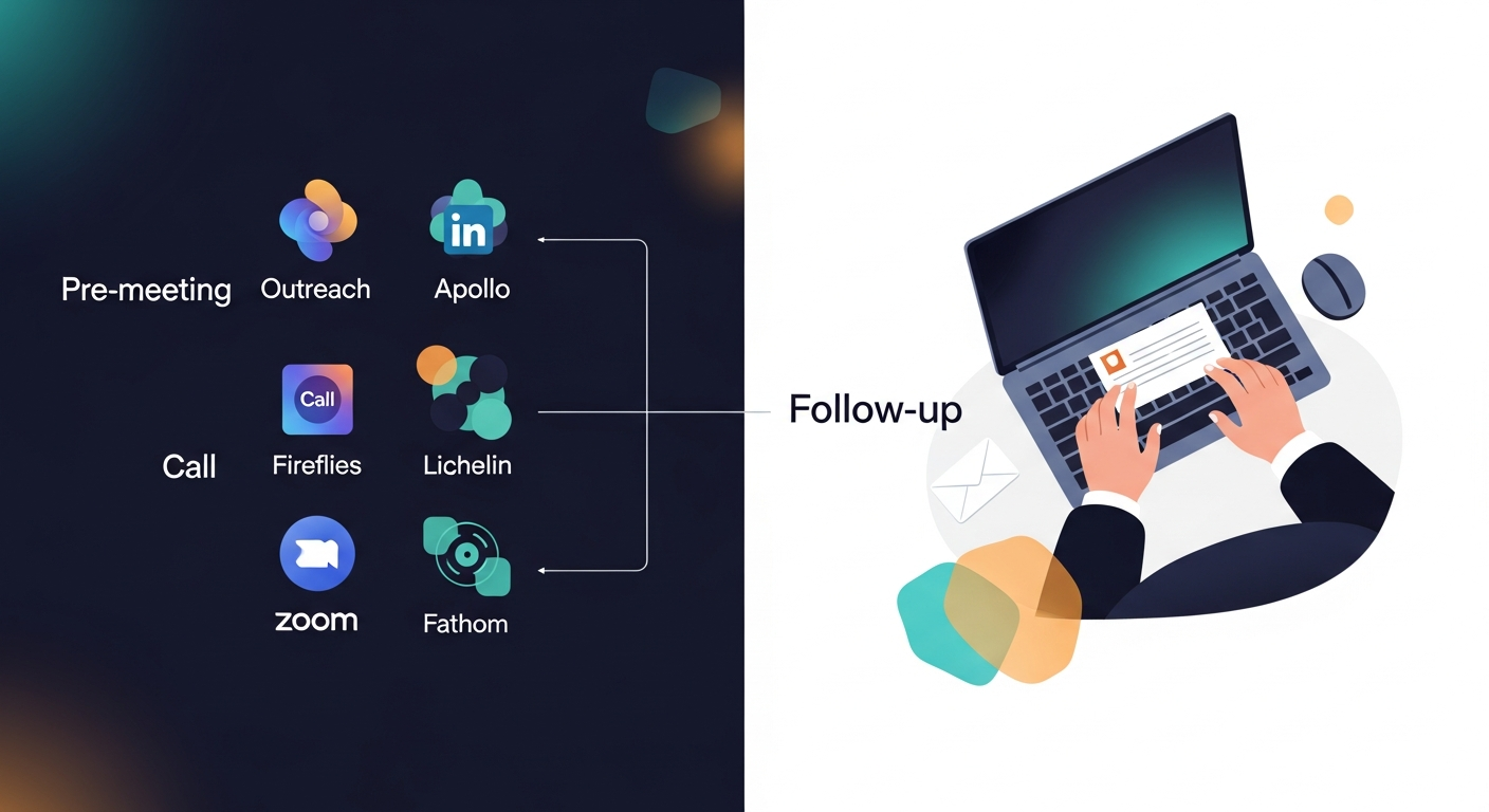 A split diagram showing the sales automation stack — left side shows pre-meeting tools (Outreach, Apollo, LinkedIn) and call tools (Zoom, Fireflies, Fathom), right side shows a gap labeled 