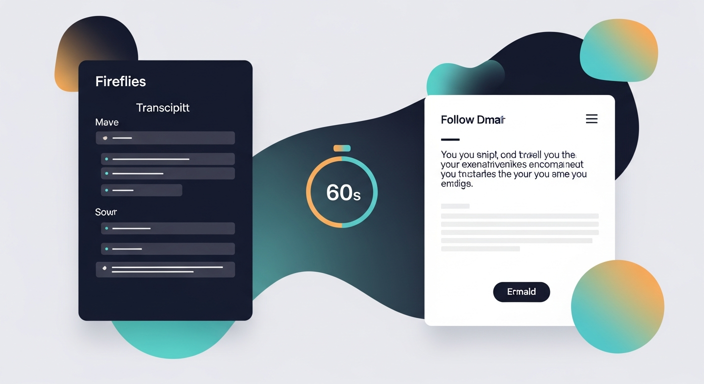 A mockup showing a Fireflies transcript on the left and a clean follow-up email draft on the right, with a 60-second timer graphic between them