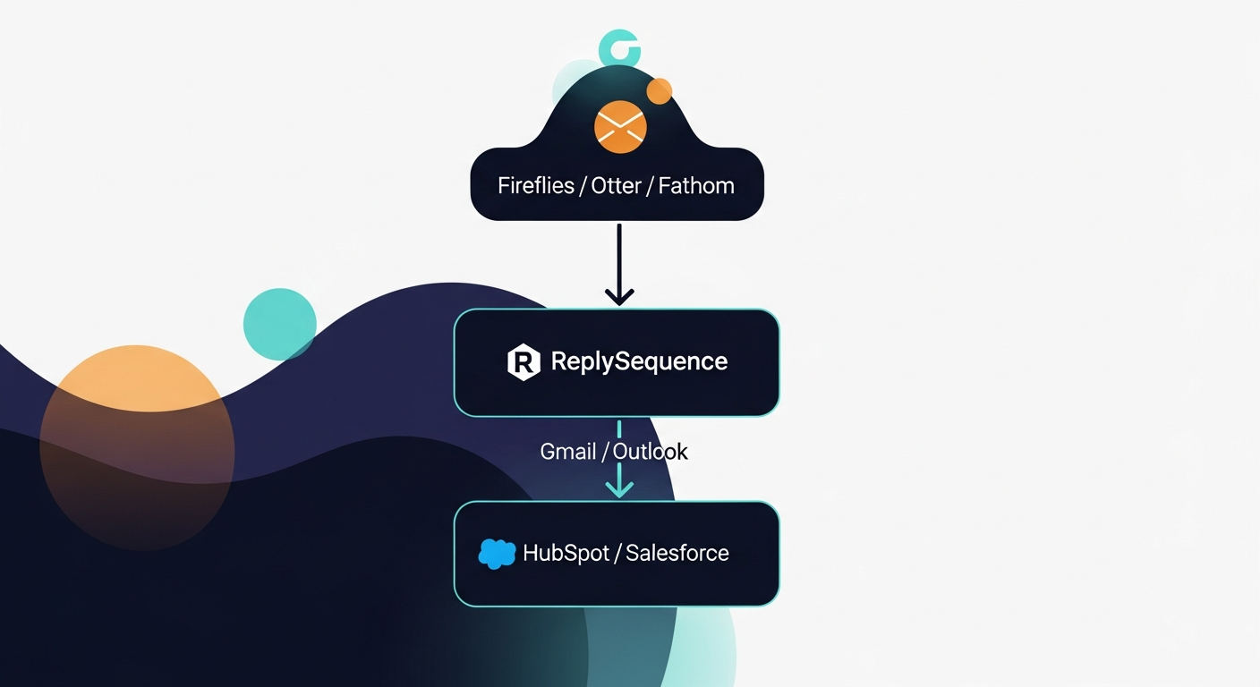 A clean stack diagram showing Fireflies/Otter/Fathom at the top feeding into ReplySequence in the middle, then arrows to Gmail/Outlook and HubSpot/Salesforce at the bottom — illustrating the complementary layer model