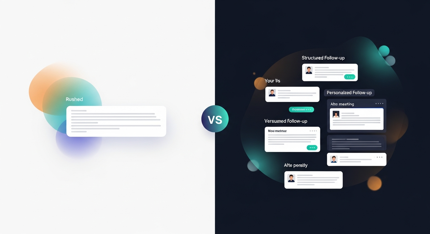 A side-by-side comparison showing a rushed, short follow-up email vs. a structured, personalized automated follow-up sequence, both sent after the same meeting