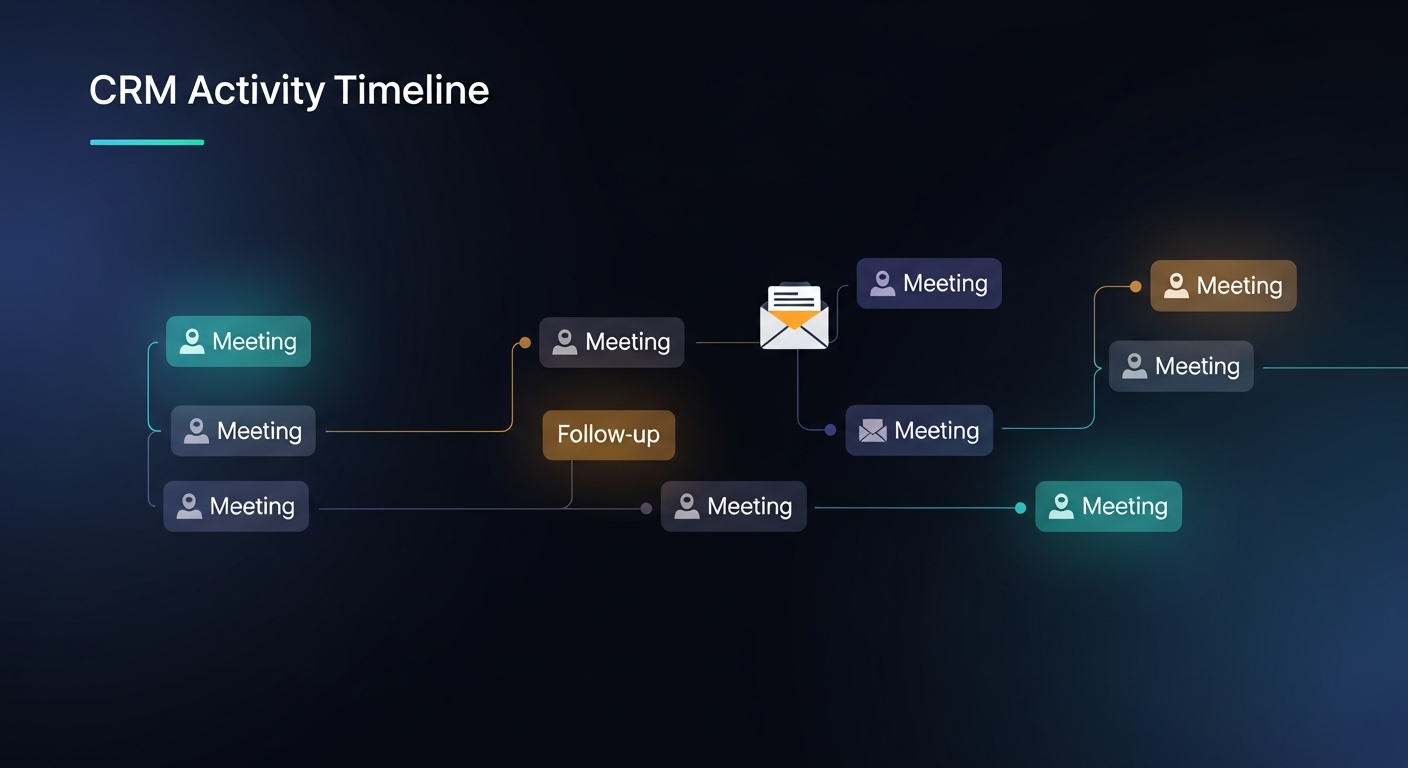 A clean CRM activity timeline showing automatically logged follow-up emails after each meeting, with no manual entry gaps