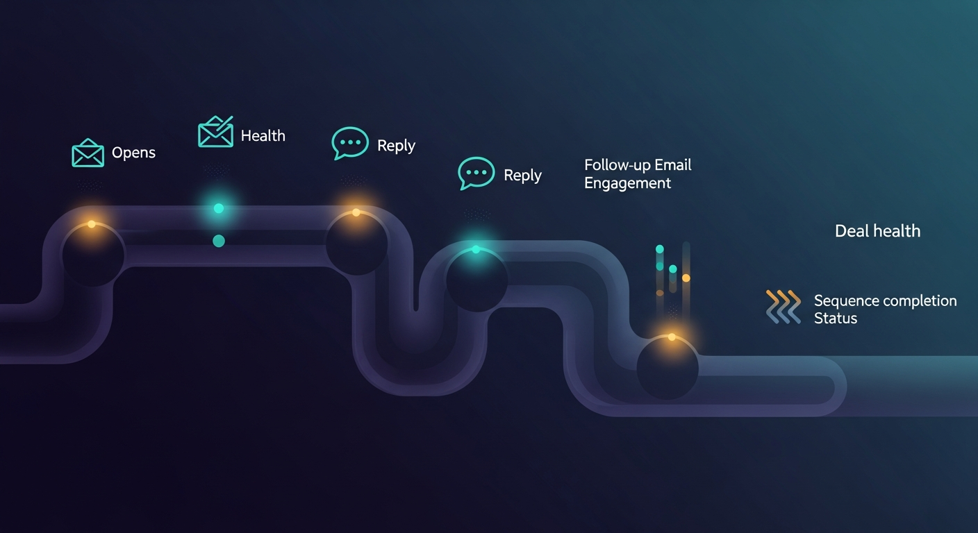 A pipeline dashboard view showing deal health indicators tied to follow-up email engagement — opens, replies, sequence completion status
