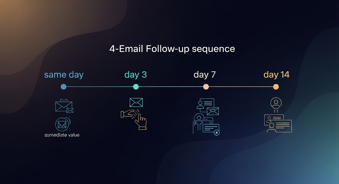 Timeline graphic showing a 4-email follow-up sequence with send timing (same day, day 3, day 7, day 14) and a brief description of each email's purpose