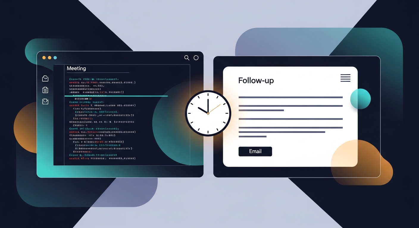 Split-screen showing a meeting transcript on the left and a half-written follow-up email on the right, with a clock showing time elapsed