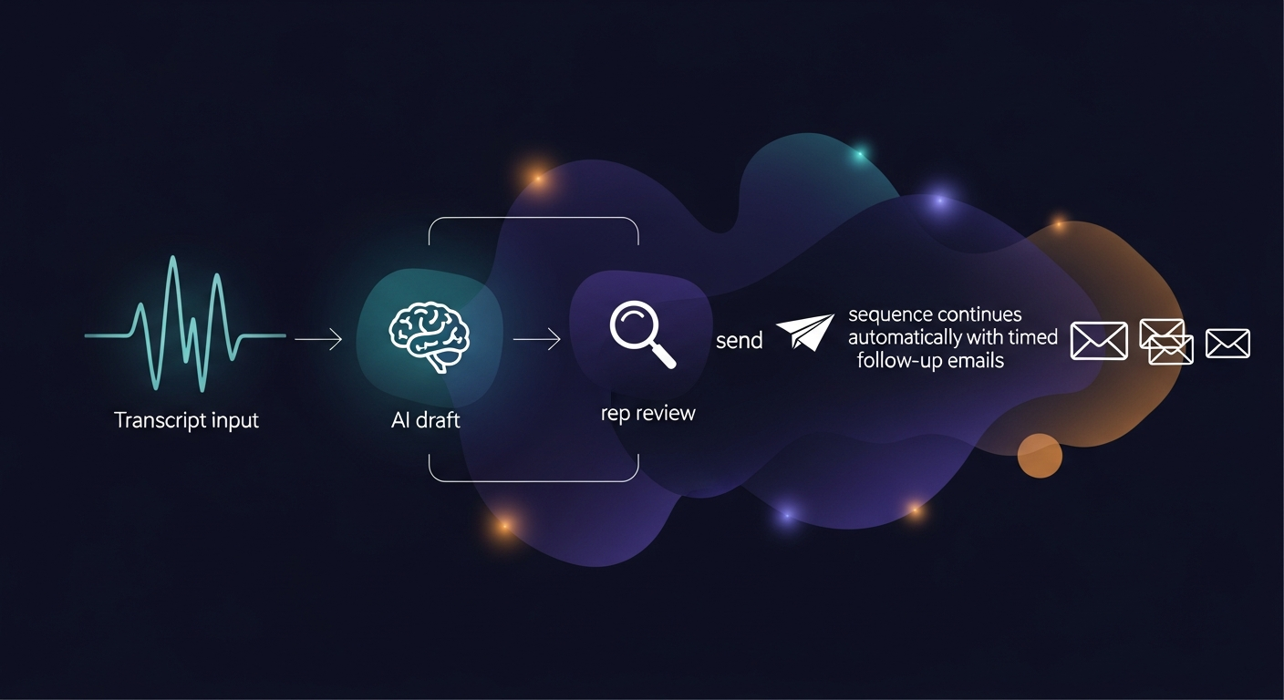 Flowchart showing transcript input → AI draft → rep review → send → sequence continues automatically with timed follow-up emails