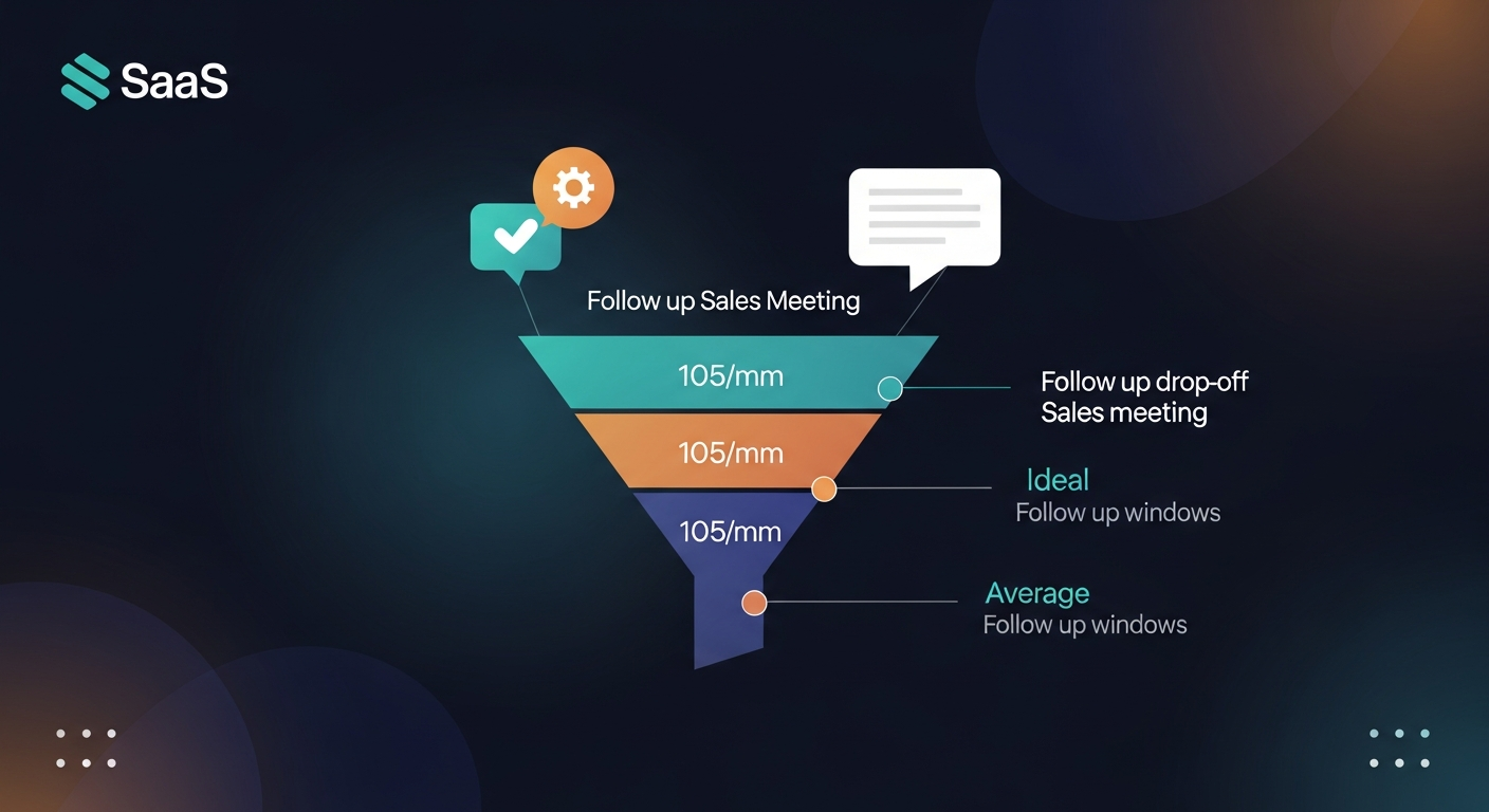 A funnel diagram showing where follow-up drop-off happens after a sales meeting, with timestamps showing the ideal vs. average follow-up window