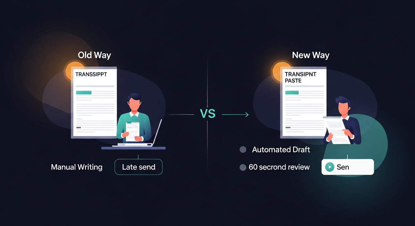 A side-by-side comparison showing the post-meeting workflow: Old way (transcript → manual writing → late send) vs New way (transcript paste → automated draft → 60-second review → sent)