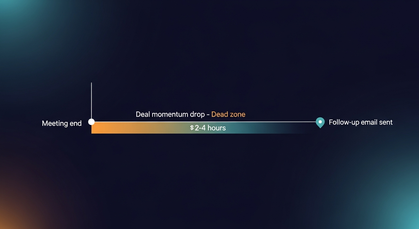 A timeline diagram showing the gap between when a meeting ends and when a follow-up email is typically sent — with a highlighted 