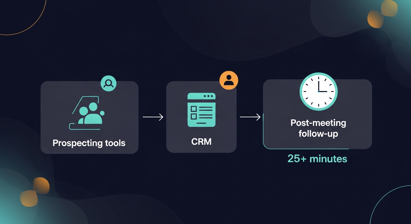 Diagram showing the gap in the sales automation stack — prospecting tools on the left, CRM in the middle, and an empty space labeled 