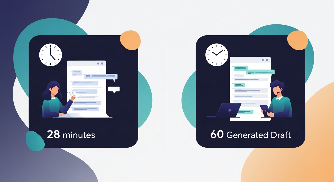 Side-by-side comparison — left side shows a rep manually writing a follow-up email from a transcript (clock showing 28 minutes), right side shows the same rep reviewing a generated draft (clock showing 60 seconds)