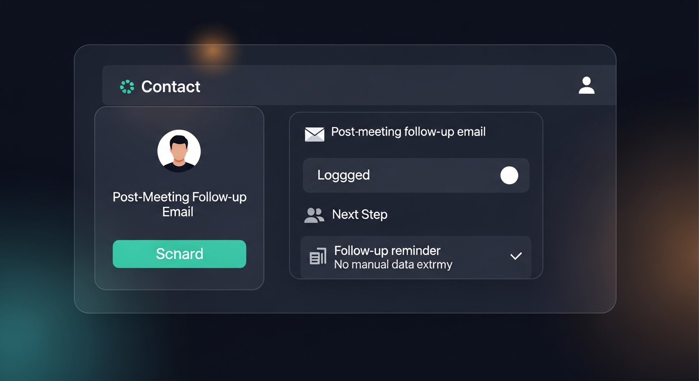 Screenshot-style mockup showing a CRM contact record with a post-meeting follow-up email automatically logged, next step added, and a follow-up reminder set — no manual data entry visible