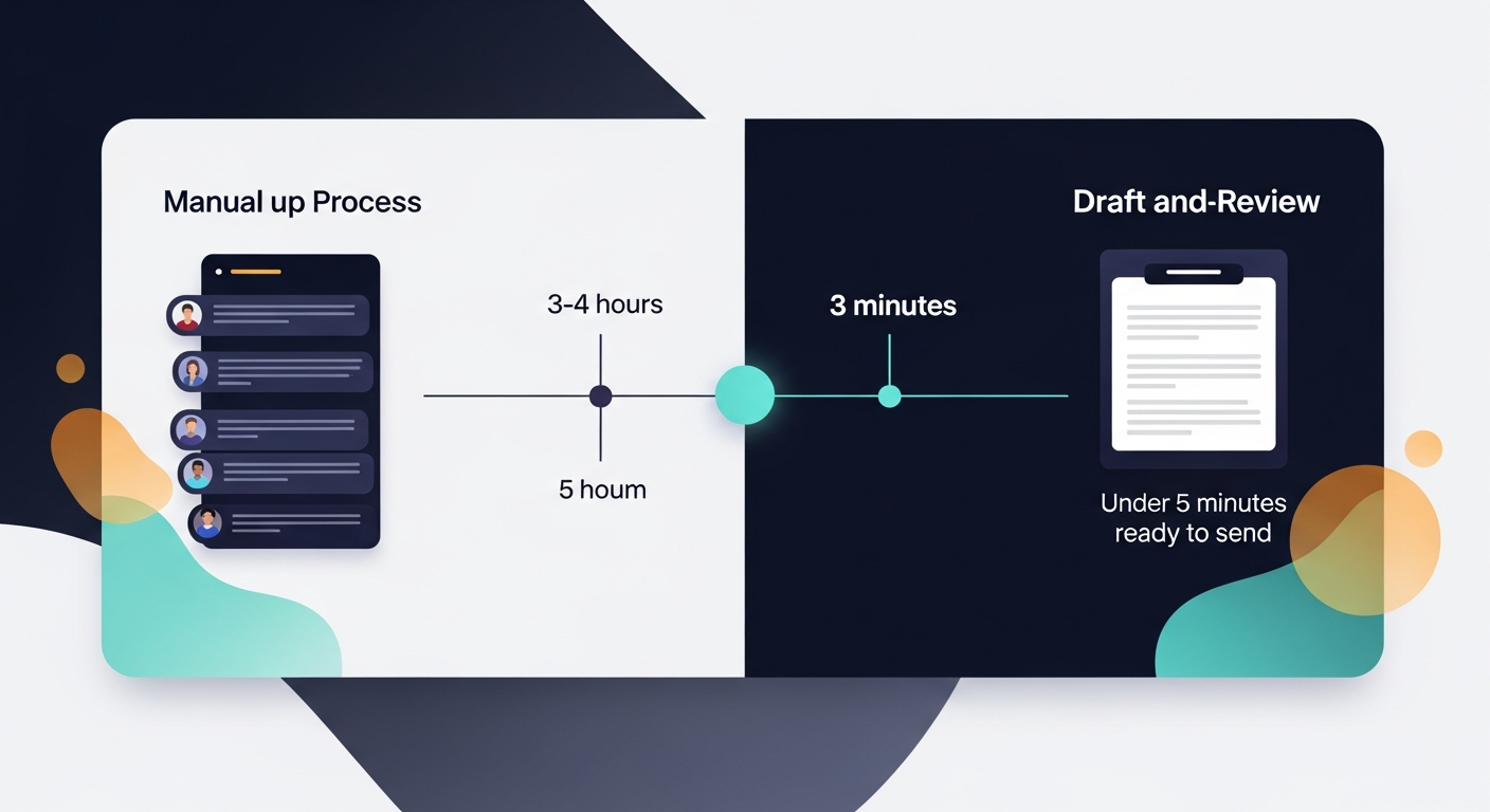 Side-by-side timeline showing a manual follow-up process (3-4 hours, multiple steps) vs an automated draft-and-review process (under 5 minutes to ready-to-send)