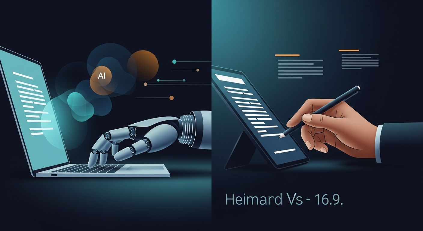 A split image showing a robot arm typing quickly on a laptop screen on one side, and a human hand thoughtfully revising text on the other side, representing AI speed vs. human touch.