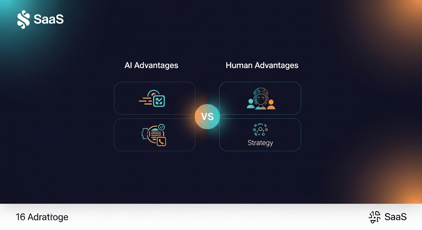 An infographic comparing two columns: one for 'AI Advantages' with icons for speed and data, and another for 'Human Advantages' with icons for empathy and strategy.