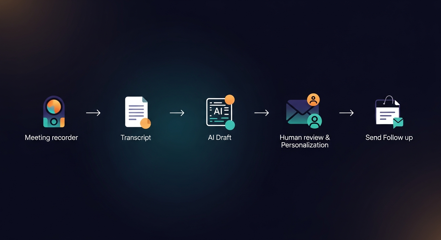 A diagram showing a workflow: 'Meeting Recorder (e.g., Fireflies)' -> 'Transcript' -> 'ReplySequence (AI Draft)' -> 'Human Review & Personalize' -> 'Send Follow-Up'.