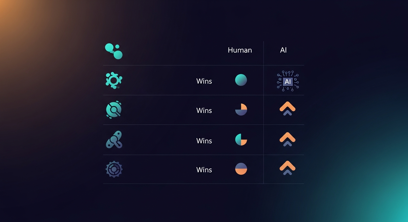 Simple split scorecard — 5 criteria listed with Human and AI columns, scored with clear wins and partial wins per row