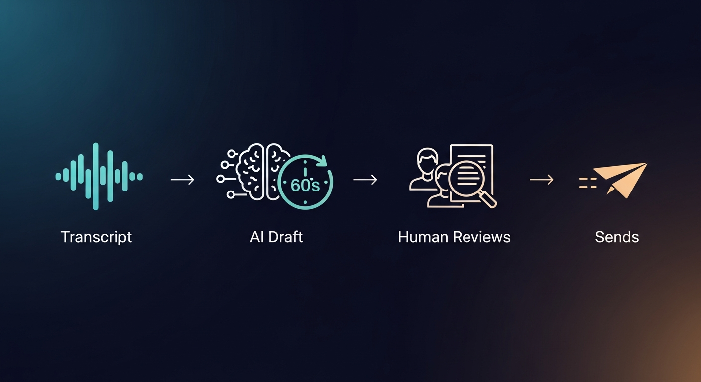 Simple workflow diagram — Transcript → AI Draft (60 sec) → Human Reviews → Sends — with a clock icon on the draft step