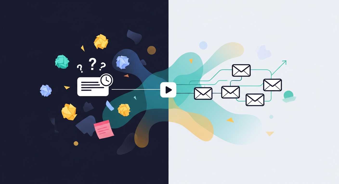 A side-by-side comparison showing a disorganized manual follow-up process (scattered notes, delayed emails, inconsistent messaging) versus a streamlined automated post-meeting sequence