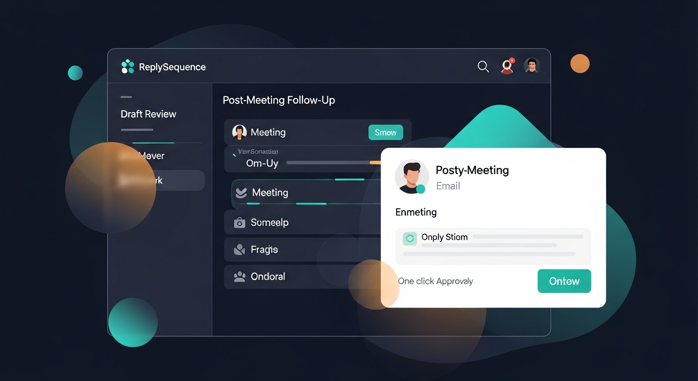 A mockup of a ReplySequence draft review screen showing a personalized post-meeting follow-up email with key meeting details highlighted, ready for one-click approval
