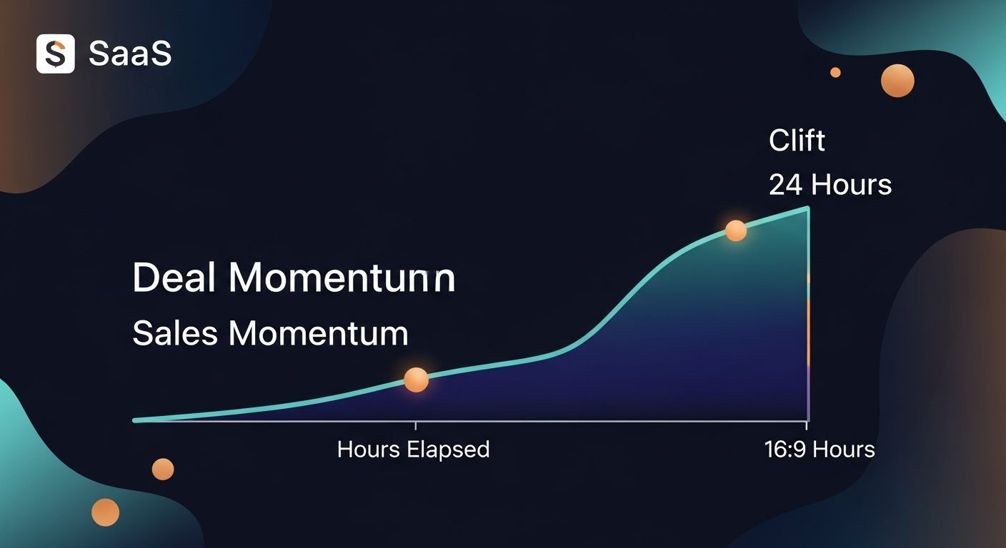 A timeline graphic showing the drop-off in deal momentum vs. hours elapsed after a sales meeting, with a visible cliff after 24 hours