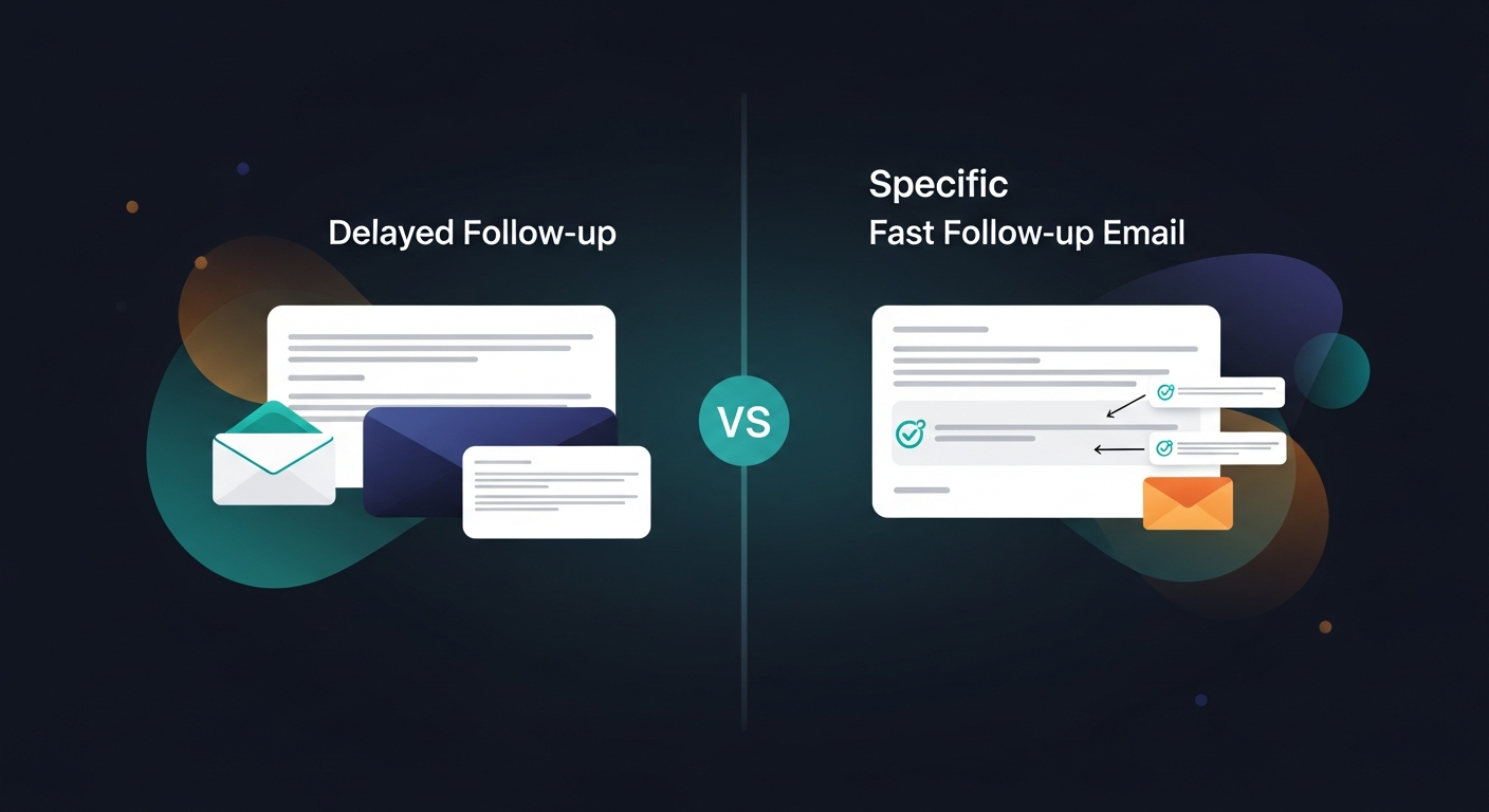 A split comparison showing a generic delayed follow-up email vs. a specific fast follow-up email, with annotations pointing out the personalization elements