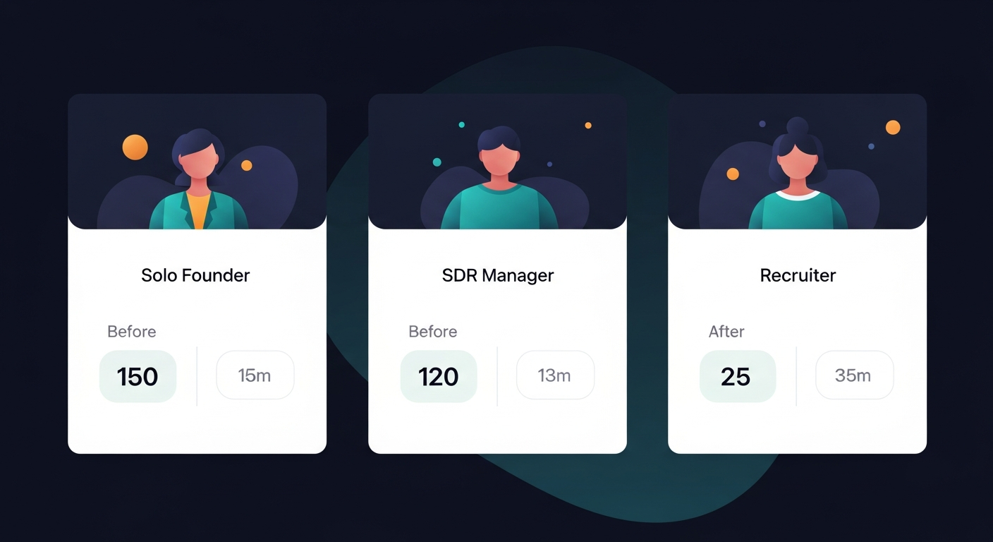Three side-by-side cards showing the three personas — solo founder, SDR manager, recruiter — each with a before/after time comparison for post-meeting follow-up