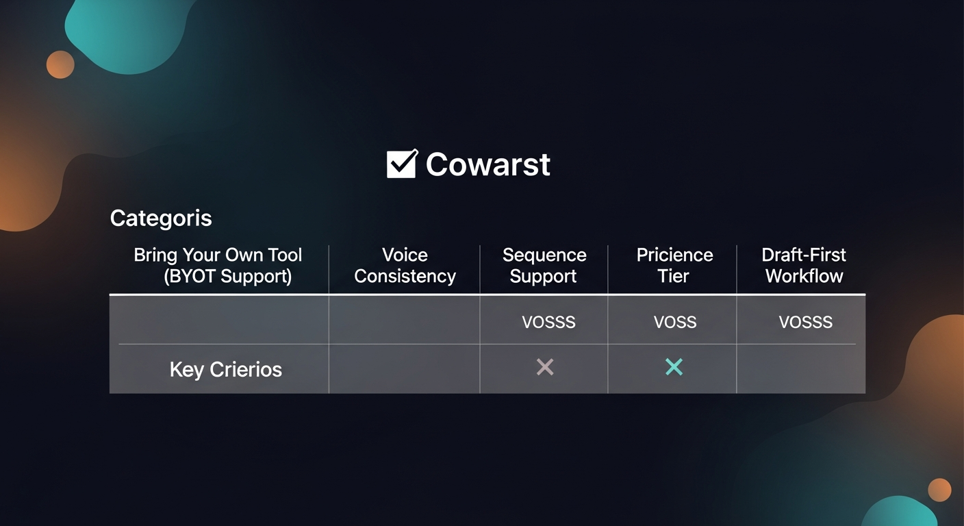 A comparison checklist grid of the four tool categories across key criteria: BYOT support, voice consistency, sequence support, pricing tier, draft-first workflow