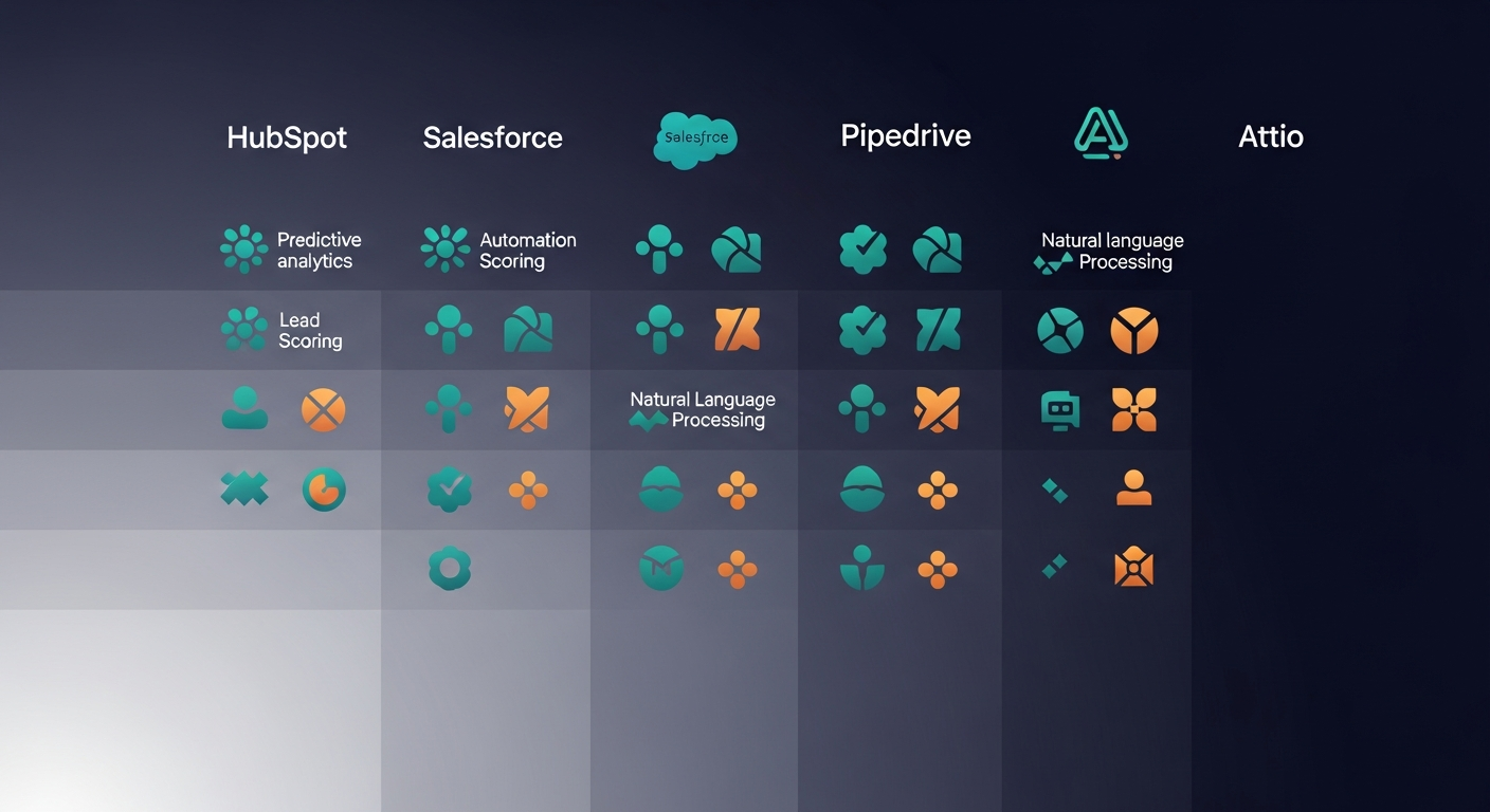 Side-by-side comparison of CRM AI features across HubSpot, Salesforce, Pipedrive, and Attio — showing feature availability vs. price tier