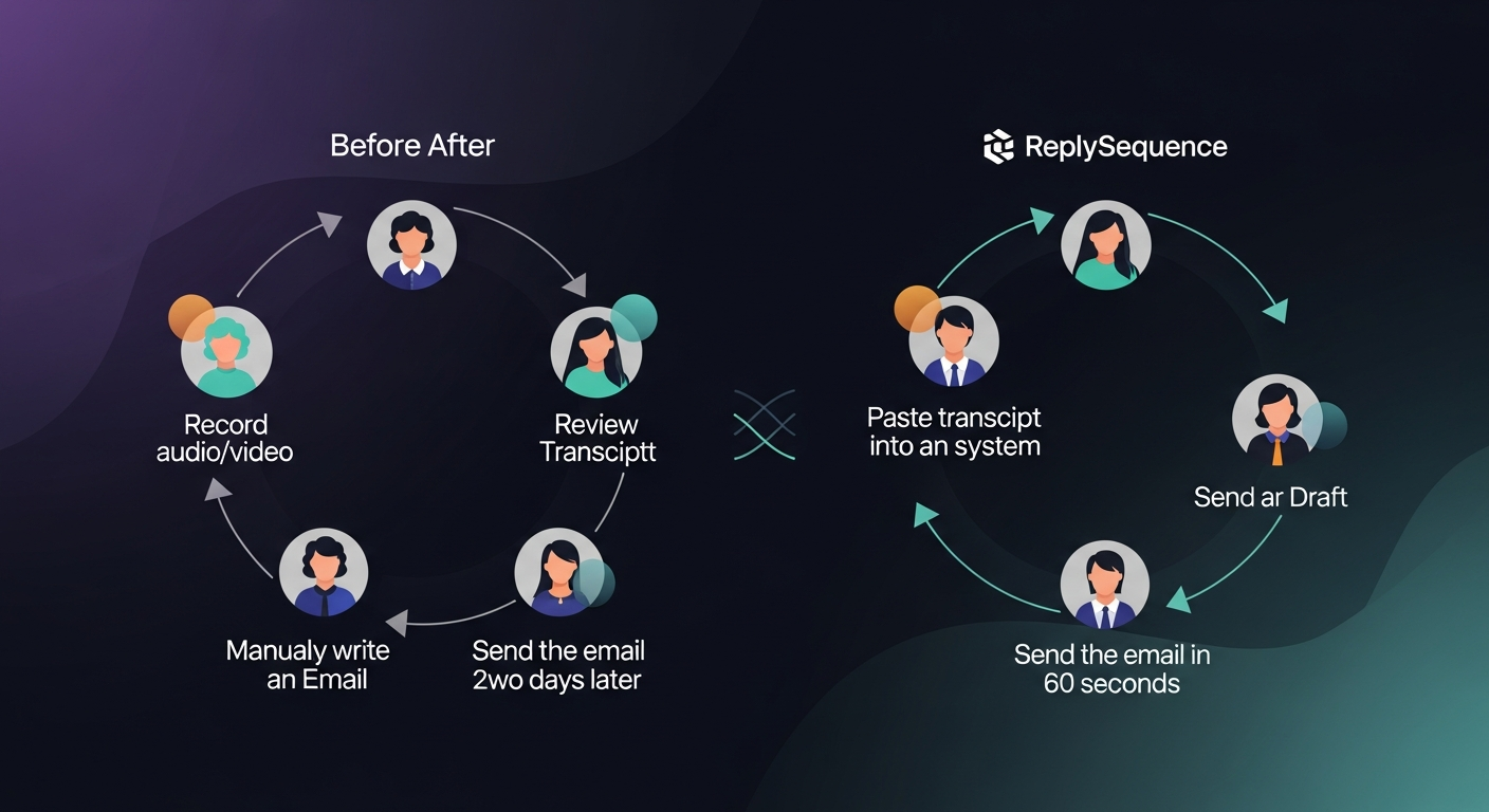 A before/after workflow showing a rep's current process (record → review transcript → manually write email → send 2 days later) vs. the ReplySequence workflow (record → paste transcript → review draft → send in 60 seconds)