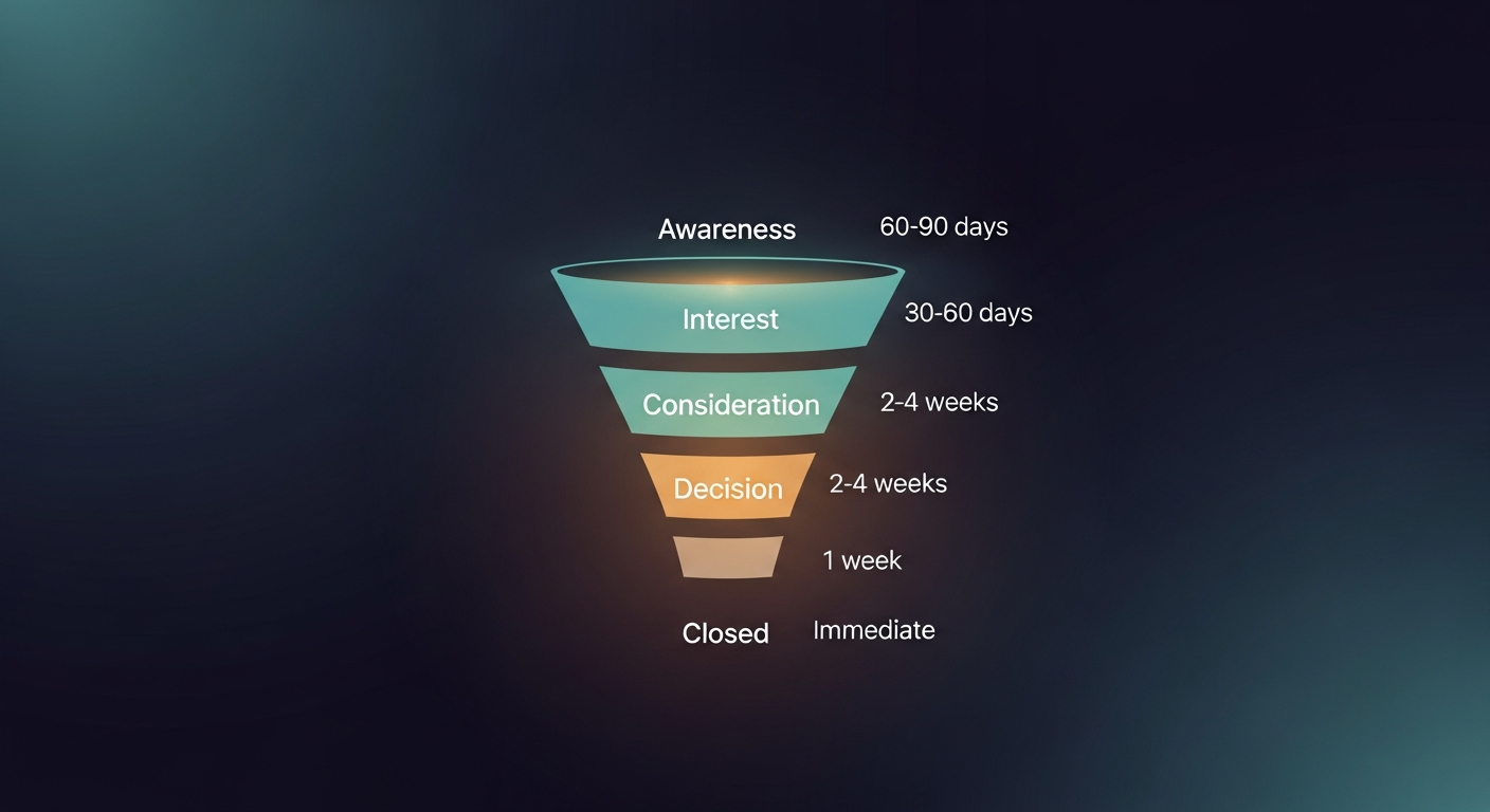 A visual sales funnel diagram showing each stage (Awareness, Interest, Consideration, Decision, Closed) with timing labels next to each stage