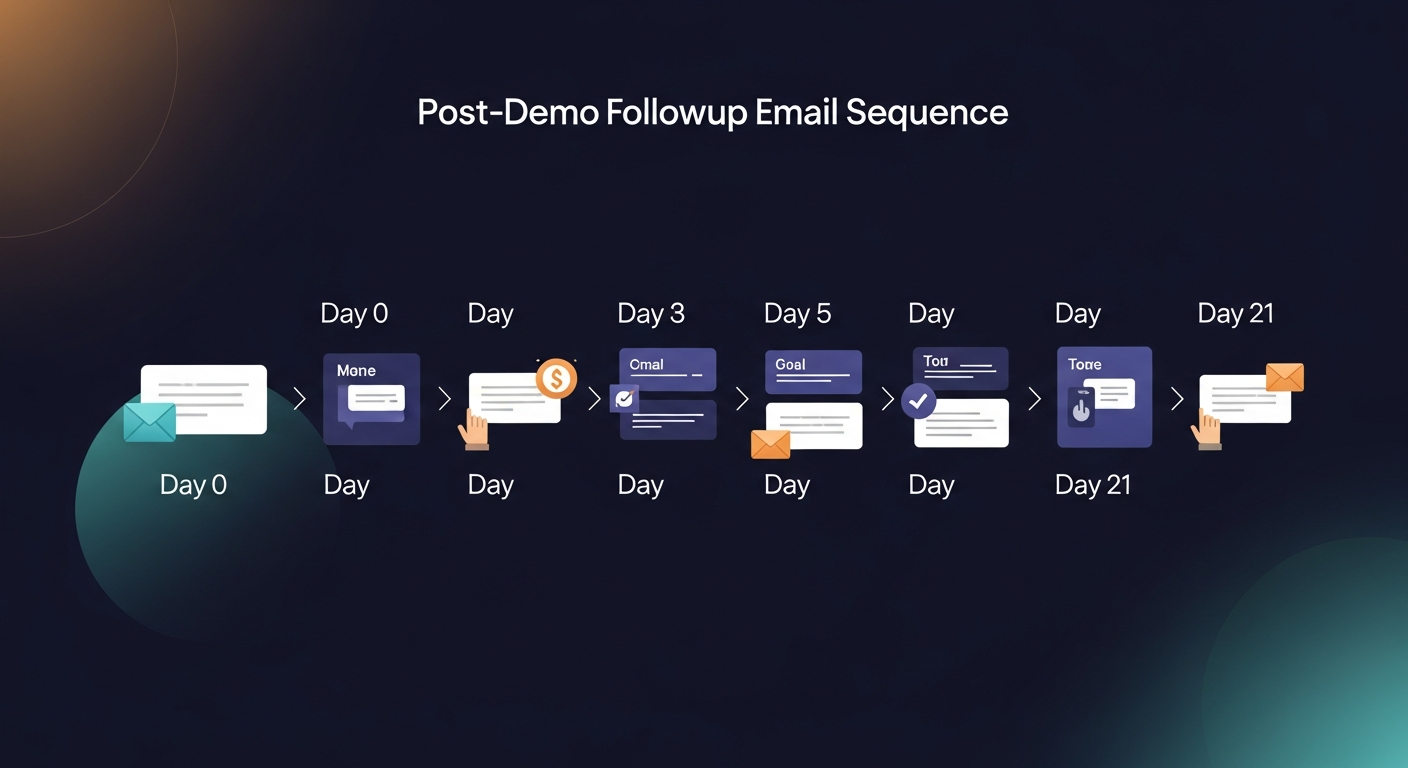 A sample post-demo follow-up email sequence timeline showing Day 0 through Day 21 with email subject line examples at each touchpoint