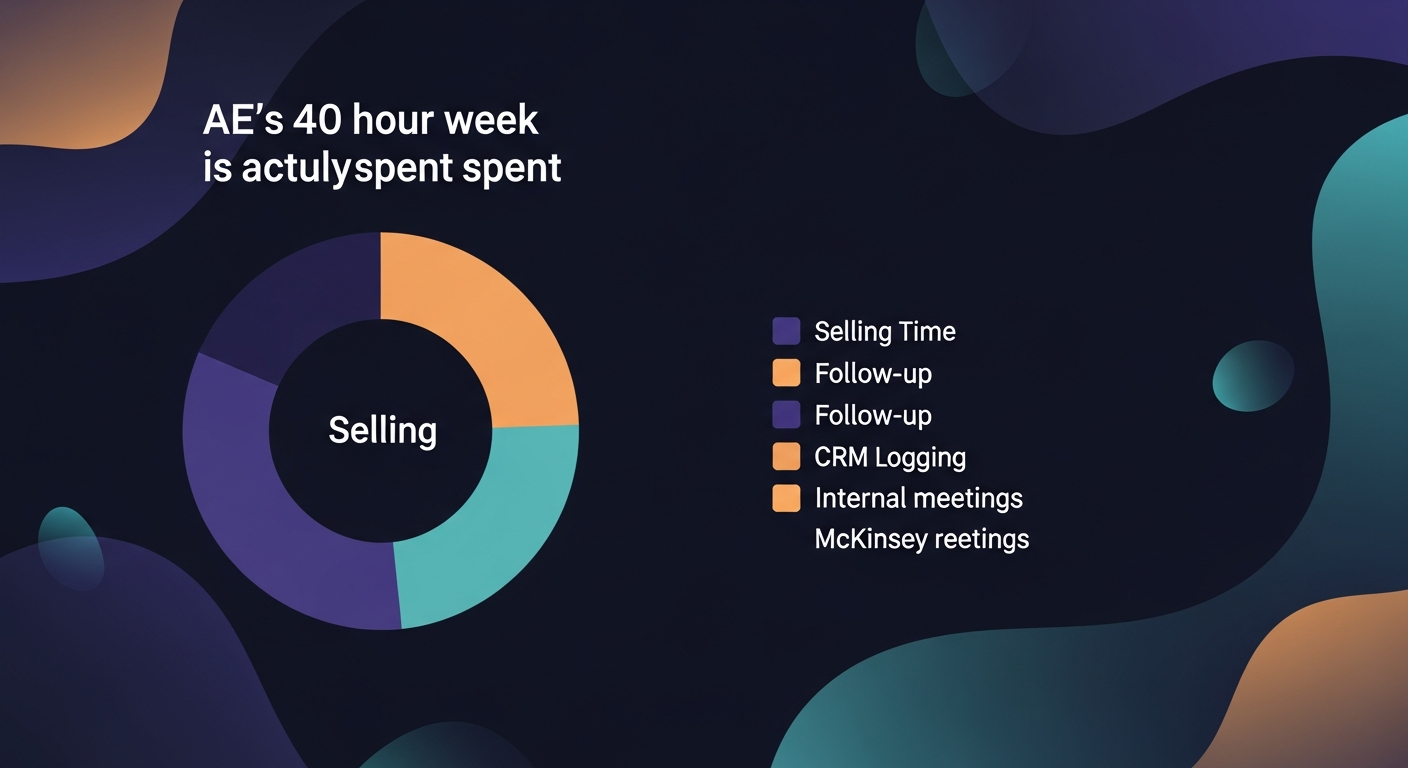 A visual breakdown pie chart showing how an AE's 40-hour week is actually spent — selling time vs. admin, follow-up, CRM logging, and internal meetings, based on McKinsey research data