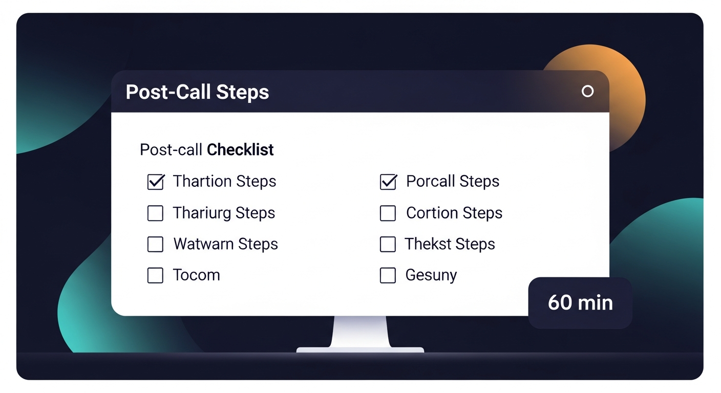 A clean visual checklist of 8 post-call steps laid out as a to-do list on a minimal desktop background, with checkboxes and a timer showing \