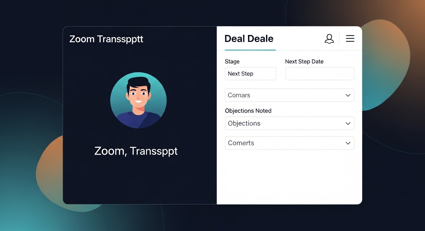 A split-screen showing a raw Zoom transcript on the left and a clean CRM deal record on the right with fields filled in — stage, next step date, objections noted
