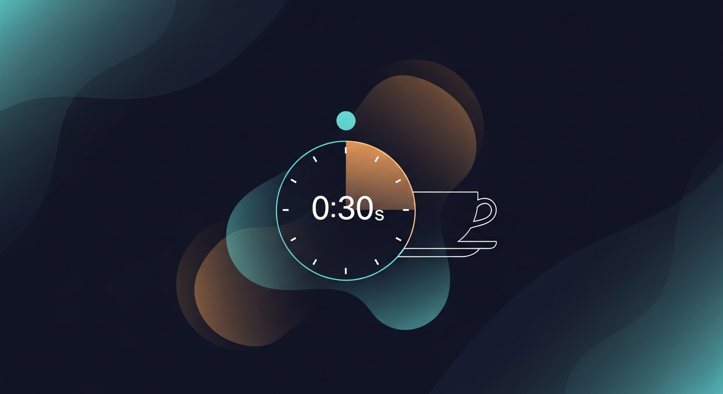 A simple timer illustration showing a 30-second countdown with a coffee cup, symbolizing a mental reset between calls
