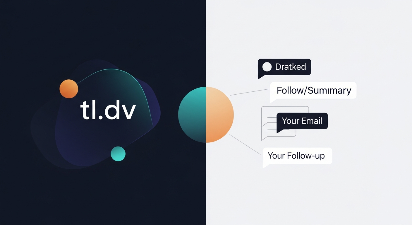 Side-by-side comparison showing tl;dv's transcript/summary output on the left and a drafted follow-up email sequence on the right, illustrating the gap between recording and follow-up