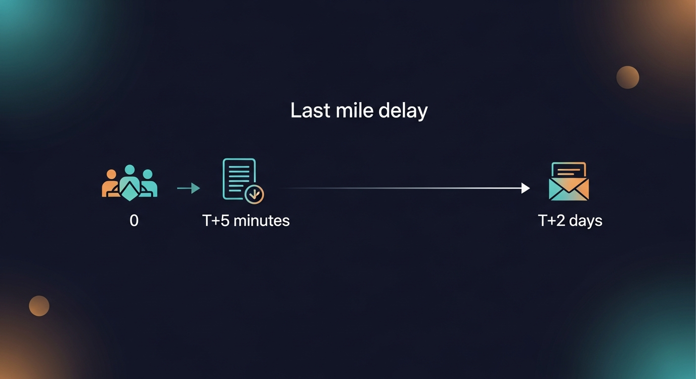 Timeline graphic showing a meeting at time zero, a transcript generated at T+5 minutes, and then a long gap before a follow-up email goes out T+2 days later — illustrating the 