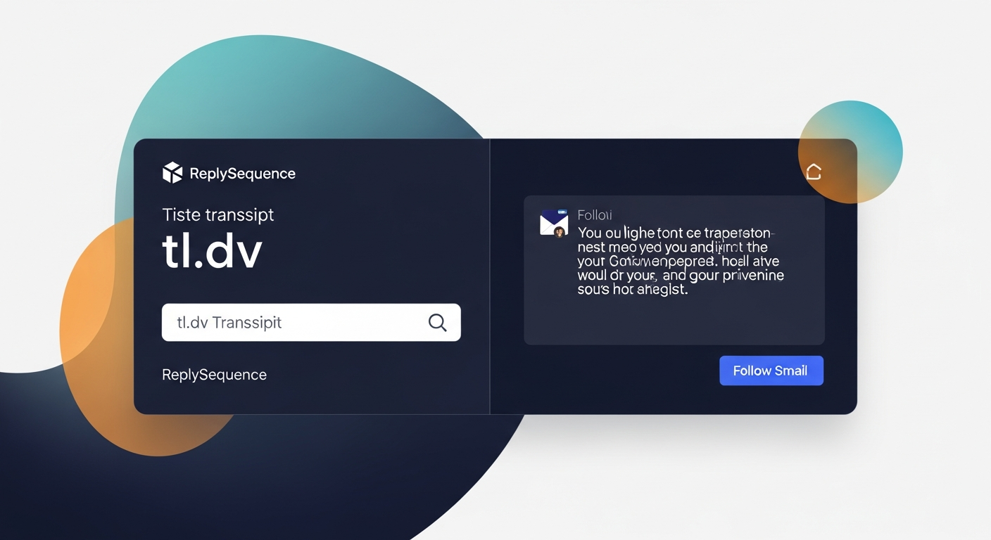 Screenshot mockup showing a tl;dv transcript pasted into a ReplySequence input field, with a drafted follow-up email appearing on the right side of a split screen