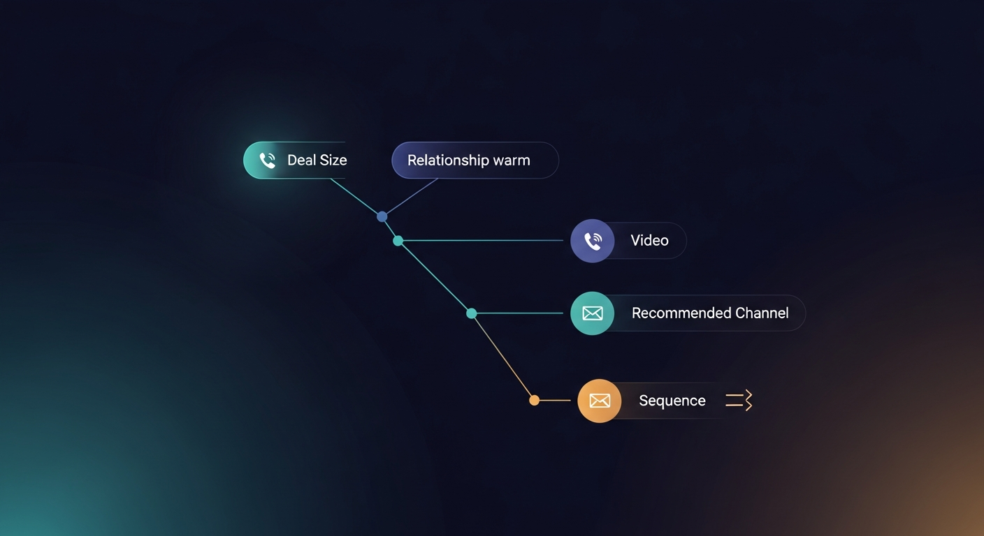 A simple decision tree: deal size + relationship warmth → recommended channel (phone / video / email / sequence)