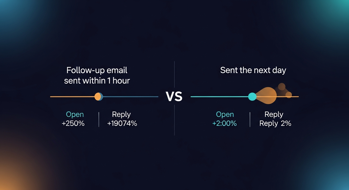 Side-by-side comparison showing a timestamp of a follow-up email sent within 1 hour vs. one sent the next day, with open/reply rate indicators