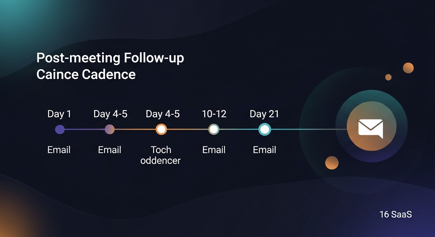 A timeline graphic showing the post-meeting follow-up cadence — Day 1, Day 4-5, Day 10-12, Day 21 — with labels for email type at each touchpoint