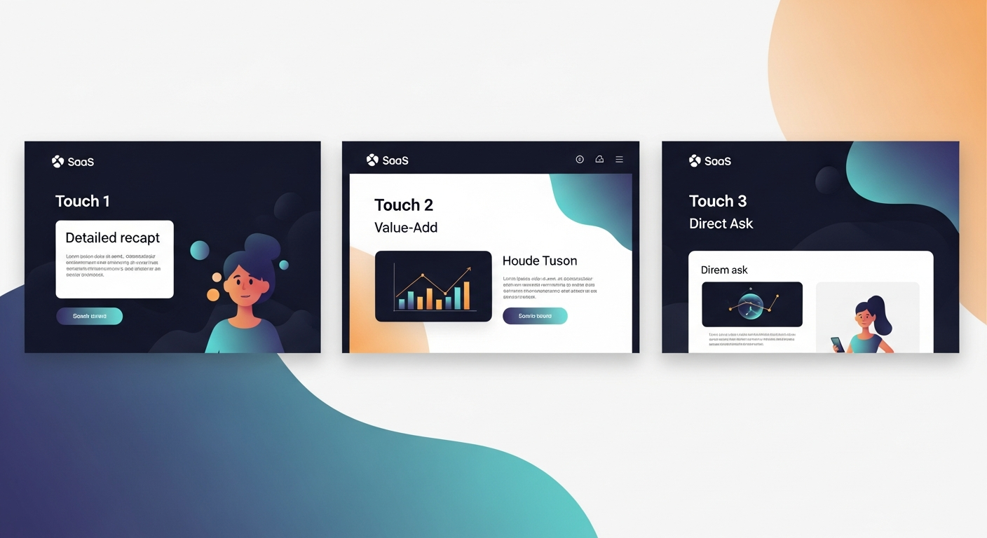 Three email mockups side-by-side showing Touch 1 (detailed recap), Touch 2 (value-add), and Touch 3 (direct ask) with key elements labeled