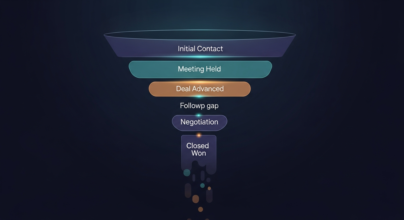 A funnel graphic showing where deals drop off post-meeting — highlighting the follow-up gap between 