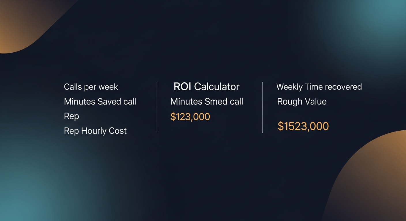 Simple ROI calculator visual — inputs: calls per week, minutes saved per call, rep hourly cost — output: weekly time recovered and rough dollar value