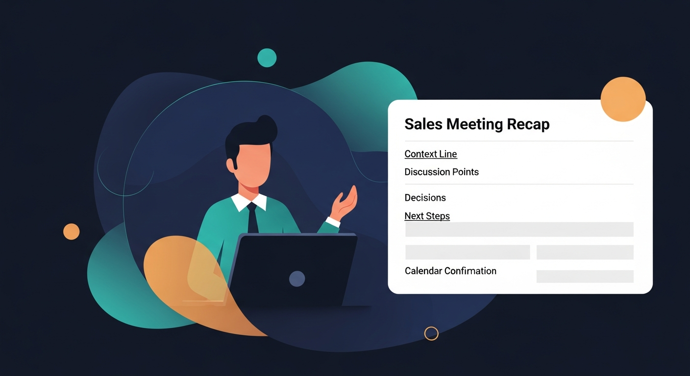 Template mockup of a clean sales meeting recap email with labeled sections — context line, discussion points, decisions, next steps, and calendar confirmation