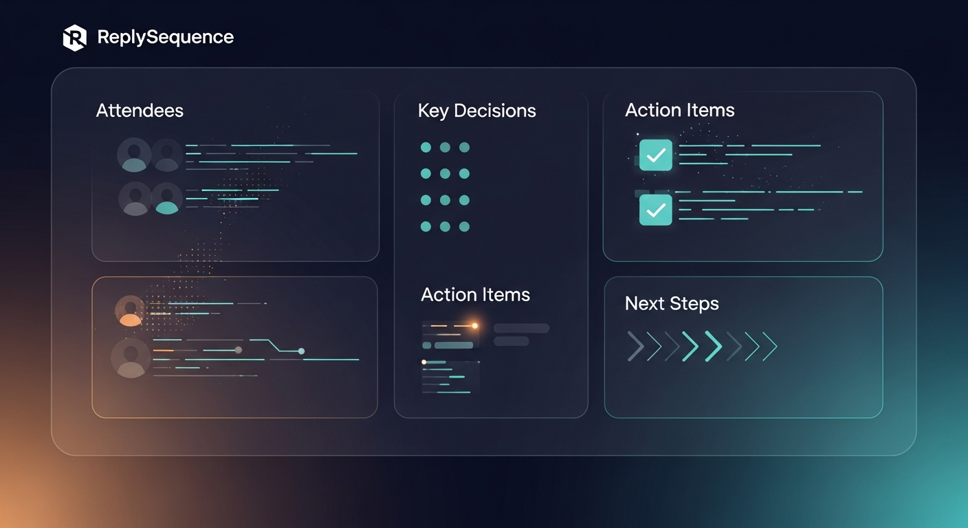 Screenshot or illustration of ReplySequence generating a structured meeting recap, showing how AI populates each section automatically from meeting notes