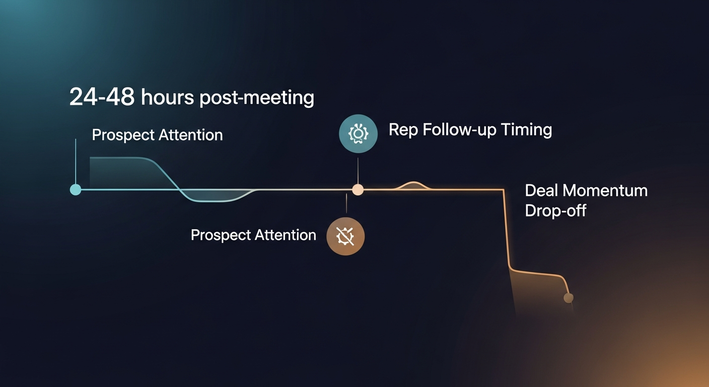 A timeline graphic showing the 24-48 hour post-meeting window where deals most commonly go cold, with markers for prospect attention, rep follow-up timing, and deal momentum drop-off