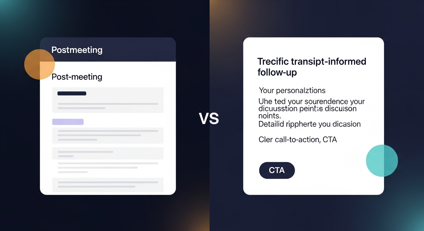 Side-by-side comparison of a generic post-meeting email versus a specific, transcript-informed follow-up email, showing the difference in personalization, detail, and CTA clarity